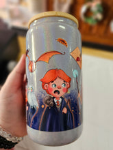 Load image into Gallery viewer, *IMPERFECT* 16oz UV DTF BLUE HARRY POTTER, RON &amp; HERMIONE Grey Shimmer Can Glass