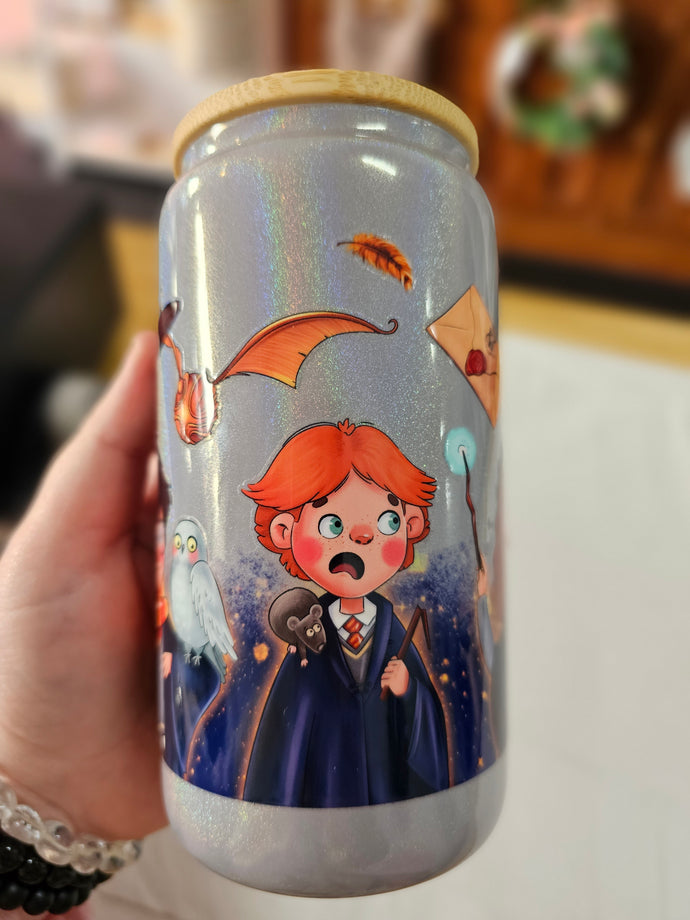 *IMPERFECT* 16oz UV DTF BLUE HARRY POTTER, RON & HERMIONE Grey Shimmer Can Glass