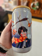 Load image into Gallery viewer, *IMPERFECT* 16oz UV DTF BLUE HARRY POTTER, RON &amp; HERMIONE Grey Shimmer Can Glass