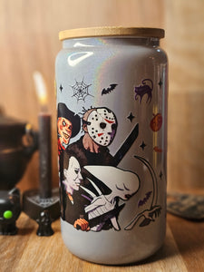 16oz UV DTF HORROR FRIENDS Grey Shimmer Can Glass