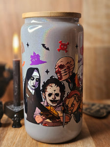 16oz UV DTF HORROR FRIENDS Grey Shimmer Can Glass