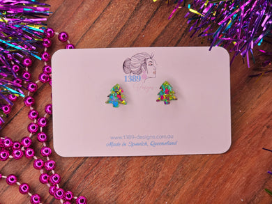 Mini GREEN/PURPLE CHUNKY CHRISTMAS TREE Stud Earrings