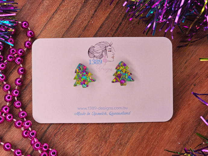 Regular GREEN/PURPLE CHUNKY CHRISTMAS TREE Stud Earrings