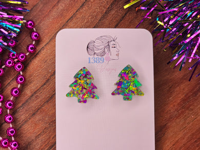 Large GREEN/PURPLE CHUNKY CHRISTMAS TREE Stud Earrings