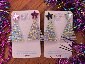 SILVER CHUNKY GLITTER ZIGZAG CHRISTMAS TREE Dangle Earrings