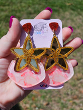 Load image into Gallery viewer, RITZY GOLD &amp; RED CHRISTMAS STAR Dangle Earrings