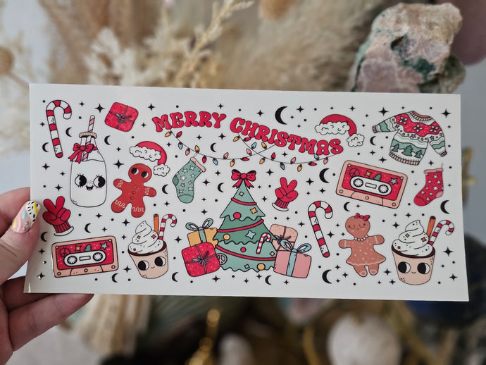 16oz UV DTF Merry Christmas Clear Can Glass with Cream Plastic Lid