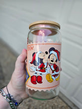 Load image into Gallery viewer, 16oz UV DTF MICKEY AND FRIENDS STAMP Red Iridescent Can Glass with Bamboo Lid