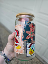 Load image into Gallery viewer, 16oz UV DTF MICKEY AND FRIENDS STAMP Red Iridescent Can Glass with Bamboo Lid