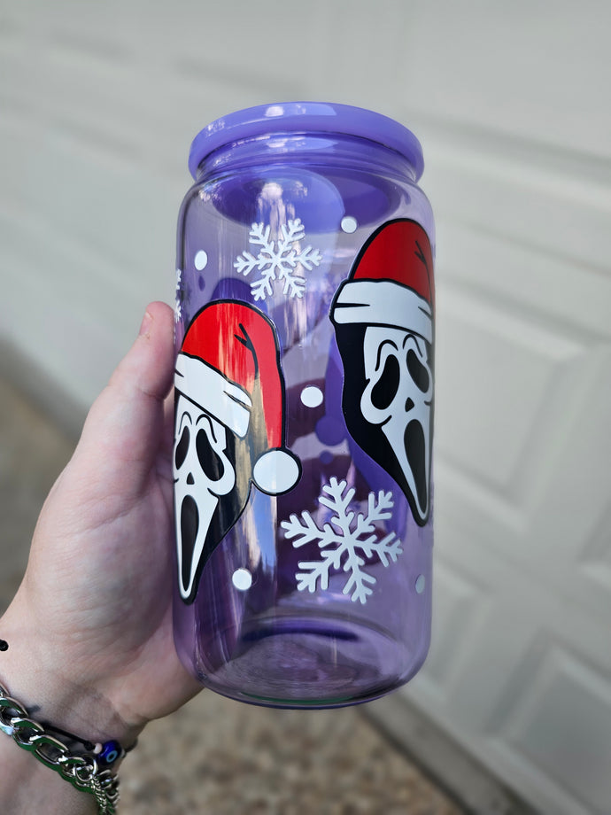 16oz UV DTF CHRISTMAS GHOSTFACE Purple Jelly Can Glass with Plastic Lid