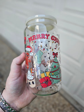 16oz UV DTF Merry Christmas Clear Can Glass with Cream Plastic Lid