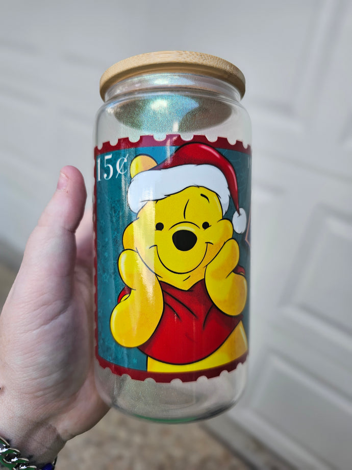 16oz UV DTF WINNIE & FRIENDS STAMP Green Iridescent Can Glass with Bamboo Lid