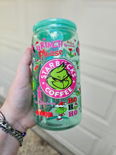 Load image into Gallery viewer, 16oz UV DTF PINK GRINCH Green Jelly Can Glass with Green Plastic Lid