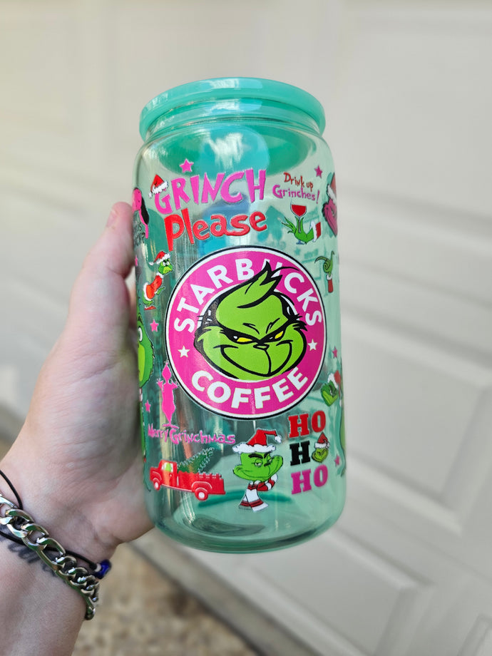 16oz UV DTF PINK GRINCH Green Jelly Can Glass with Green Plastic Lid