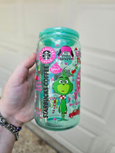 Load image into Gallery viewer, 16oz UV DTF PINK GRINCH Green Jelly Can Glass with Green Plastic Lid