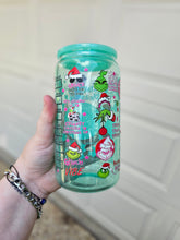 Load image into Gallery viewer, 16oz UV DTF PINK GRINCH Green Jelly Can Glass with Green Plastic Lid