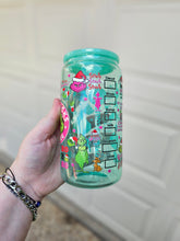 Load image into Gallery viewer, 16oz UV DTF PINK GRINCH Green Jelly Can Glass with Green Plastic Lid