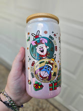 Load image into Gallery viewer, 16oz UV DTF WINNIE &amp; FRIENDS BAUBLE White to Pink Ombre Shimmer Can Glass with Bamboo Lid