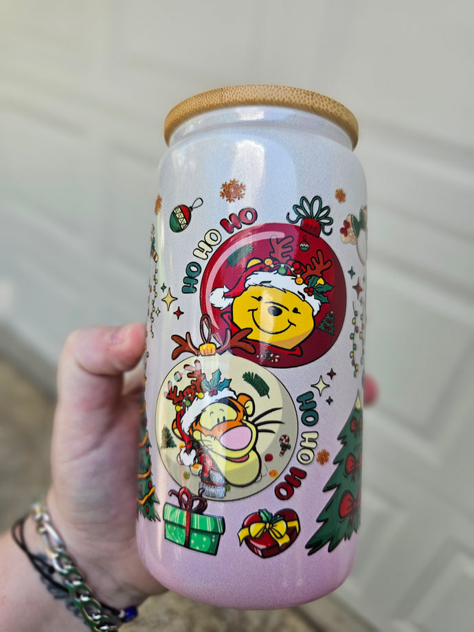 16oz UV DTF WINNIE & FRIENDS BAUBLE White to Pink Ombre Shimmer Can Glass with Bamboo Lid