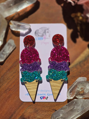 Glitter 3 SCOOP ICECREAM with Cherry on Top Dangle Earrings