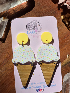 WHITE SPRINKLES ICECREAM with Yellow Pastel Top Dangle Earrings