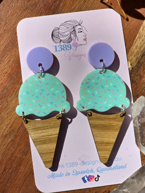 GREEN SPRINKLES ICECREAM with Purple Pastel Top Dangle Earrings