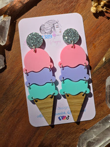 Pastel 3 SCOOP ICECREAM with Silver Top Dangle Earrings