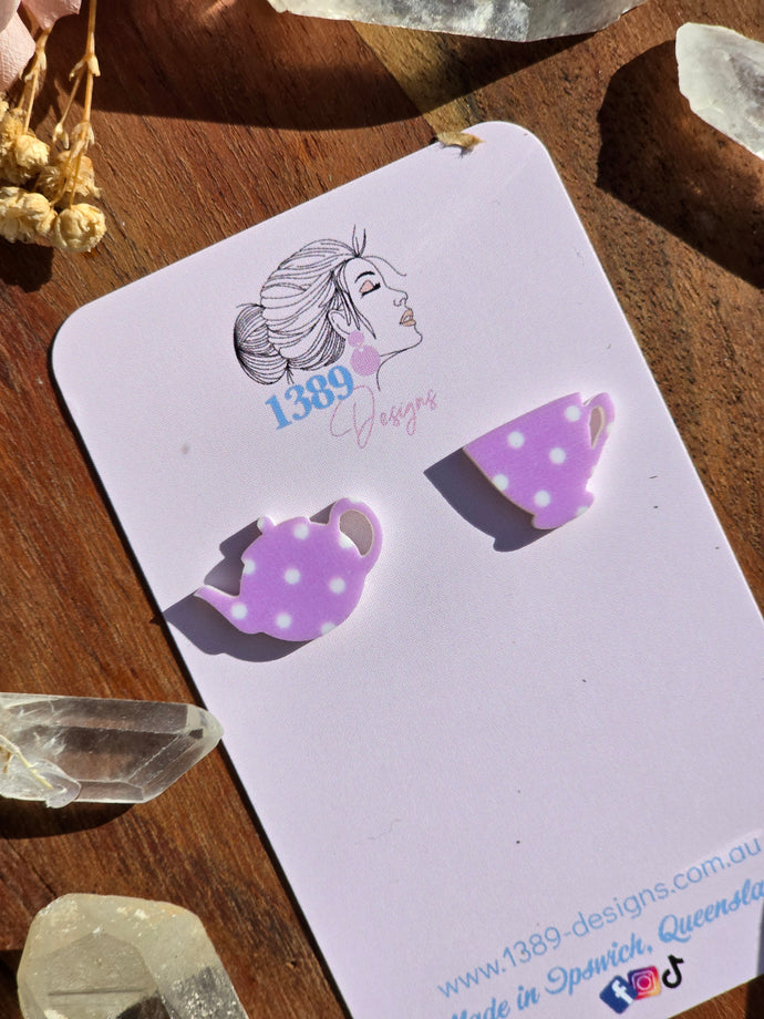 Regular PURPLE POLKA DOT TEA TIME Stud Earrings