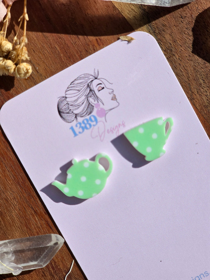 Regular GREEN POLKA DOT TEA TIME Stud Earrings