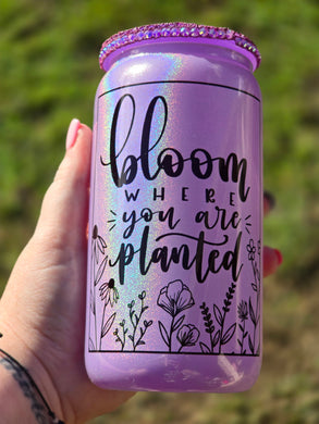 16oz BLOOM WHERE YOU ARE PLANTED Libbey Can Glass with Glitter Plastic Lid