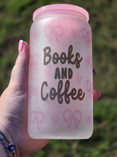 Load image into Gallery viewer, 16oz BOOKS, COFFEE &amp; BOWS Frosted Libbey Can Glass with Plastic Lid