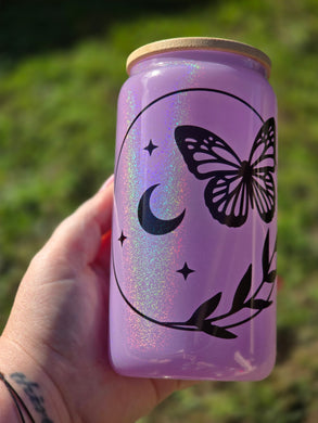 16oz BUTTERFLY with MOON Libbey Can Glass with Glitter Plastic Lid