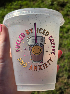 16oz FUELED BY ICED COFFEE & ANXIETY Clear/Rainbow Glitter Stadium Cup