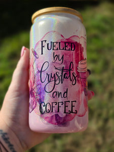 16oz FUELED BY CRYSTALS AND COFFEE Libbey Can Glass with Bamboo Lid