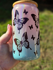 16oz BUTTERFLIES Libbey Can Glass with Bamboo Lid