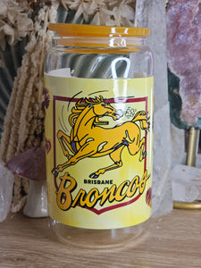 *SECONDS* 16oz Brisbane Broncos Clear Can Glass with Plastic Lid