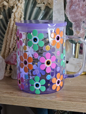 16oz Evil Eye Flower Purple Ombre Handled Can Glass with Plastic Lid