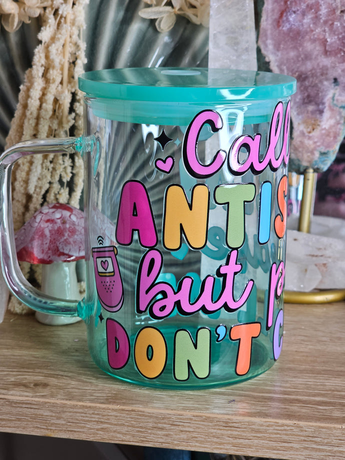 16oz PLEASE DON'T CALL ME Green Ombre Handled Can Glass with Plastic Lid