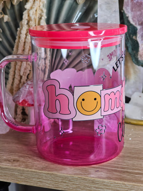 16oz HOMEBODY CLUB Hot Pink Ombre Handled Can Glass with Plastic Lid