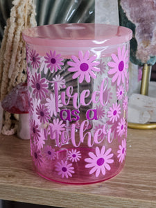 16oz TIRED AS A MOTHER Light Pink Ombre Handled Can Glass with Plastic Lid