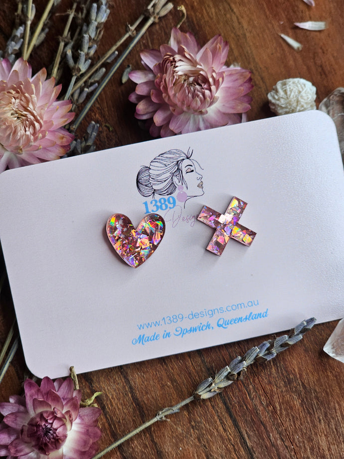 Regular PINK CHUNKY GLITTER Heart and Kisses Stud Earrings