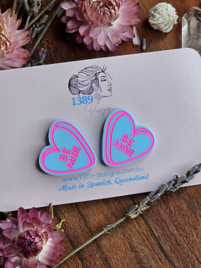 Large BE MINE Candy Heart Stud Earrings