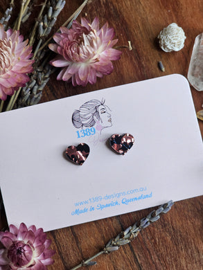 Tiny (1cm) ROSE GOLD & BLACK CHUNKY GLITTER Heart Stud Earrings