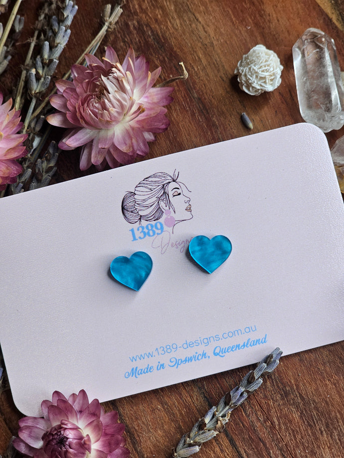 Tiny (1cm) BLUE MARBLE Heart Stud Earrings