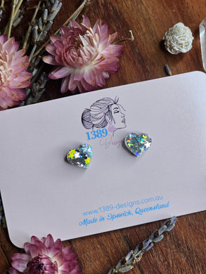 Tiny (1cm) SILVER STAR HOLO CHUNKY GLITTER Heart Stud Earrings