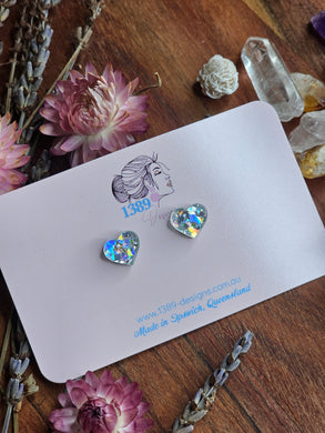 Tiny (1cm) SILVER HOLO CHUNKY GLITTER Heart Stud Earrings