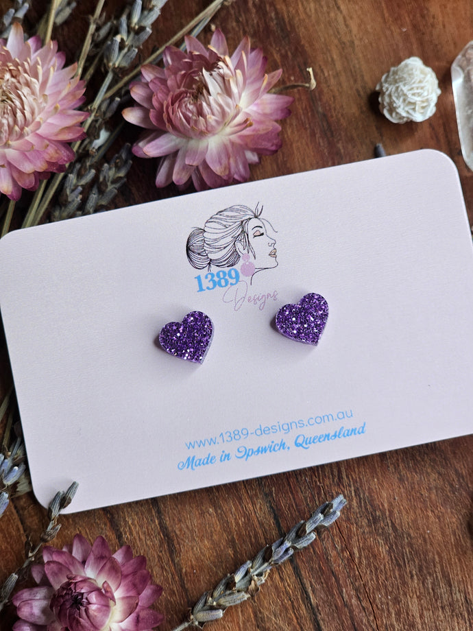 Tiny (1cm) PURPLE GLITTER Heart Stud Earrings