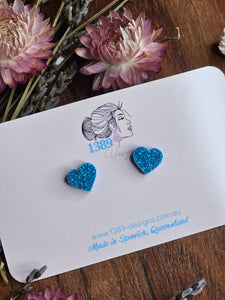 Tiny (1cm) BLUE GLITTER Heart Stud Earrings