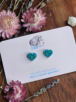 Tiny (1cm) TURQUOISE GLITTER Heart Stud Earrings