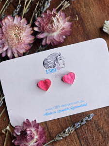 Tiny (1cm) RASPBERRY MARBLE Heart Stud Earrings